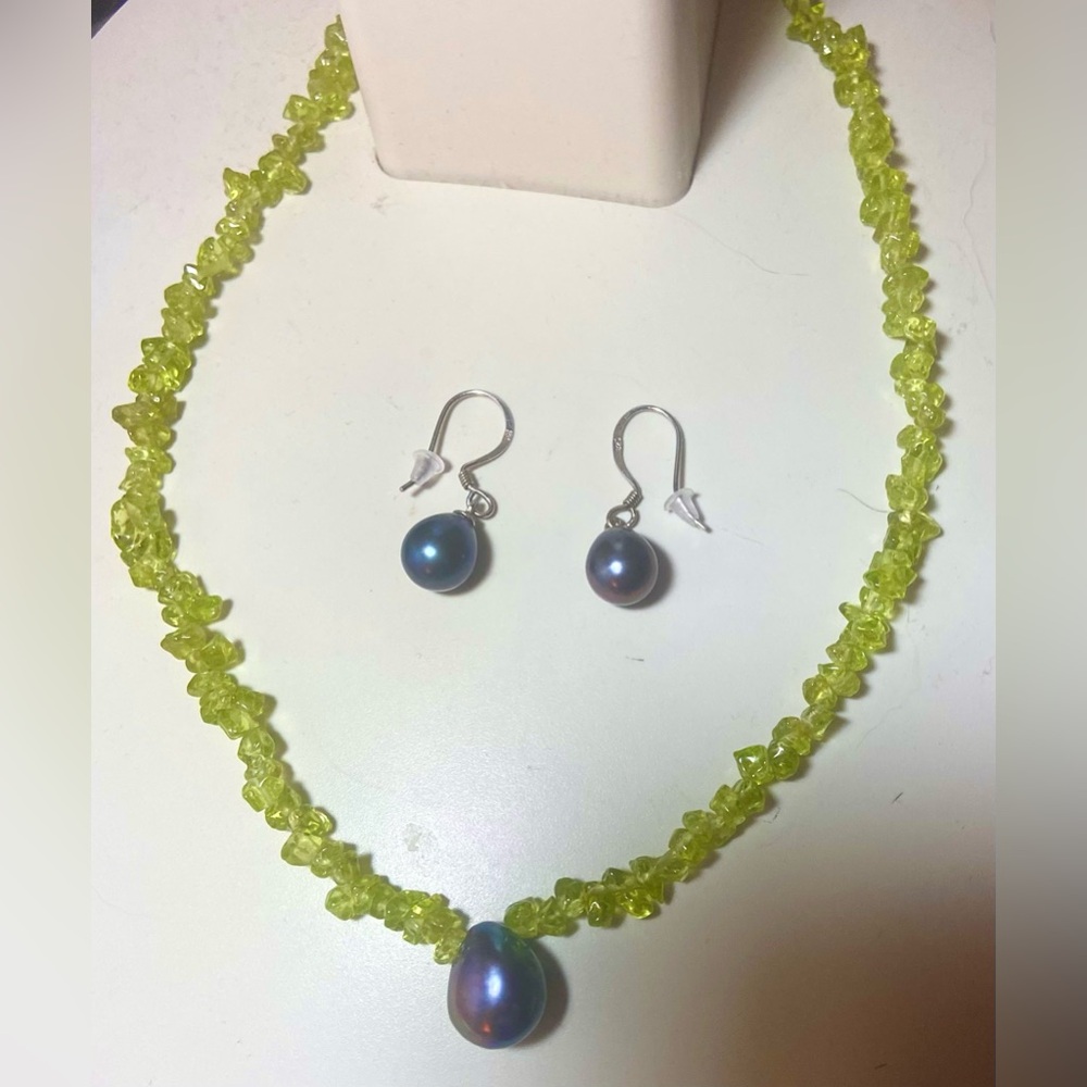 Genuine Peridot & Baroque black Pearl Sterling 925 Silver Set Necklace+Earrings